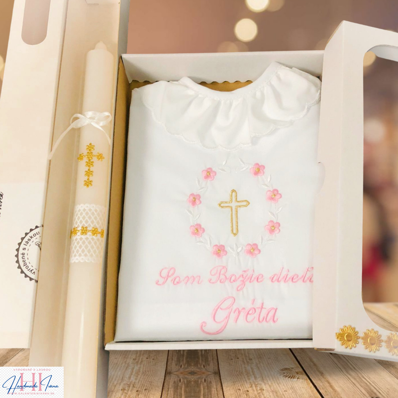 Košieľka na krst k01 ružová zlatá + Sviečka na krst zlatý krížik