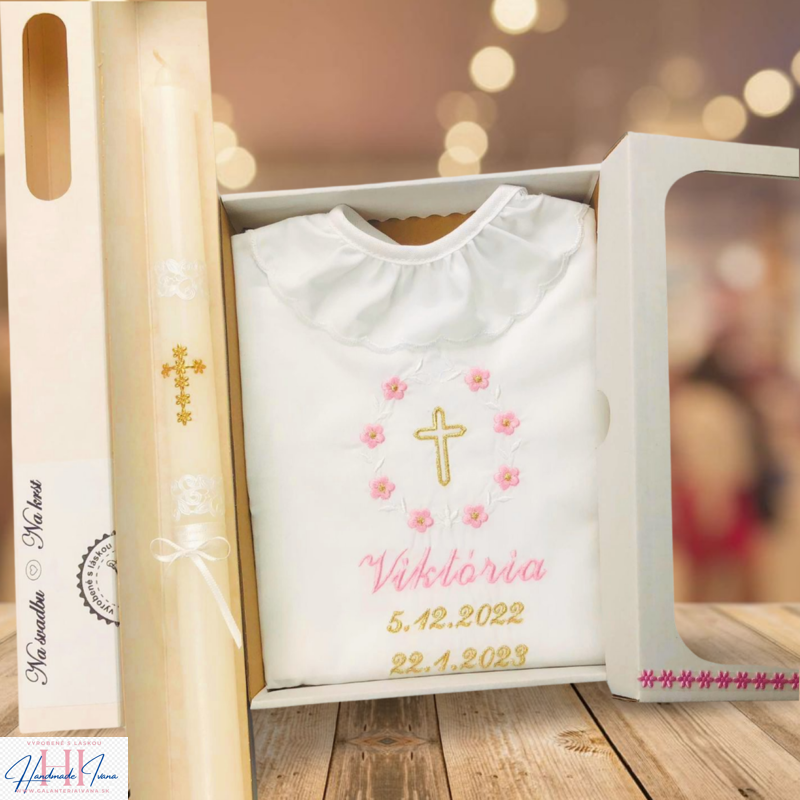 Košieľka na krst k01 ružová zlatá + Sviečka na krst zlatý krížik s bielou