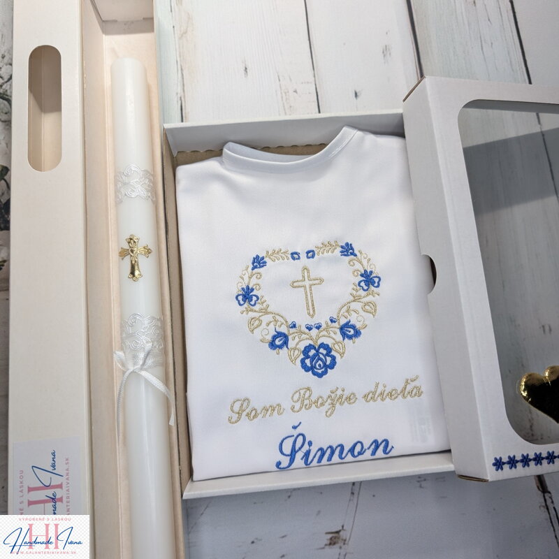 Krstová košieľka na krst k05 tmavomodrá so zlatou + sviečka na krst zlatý krížik