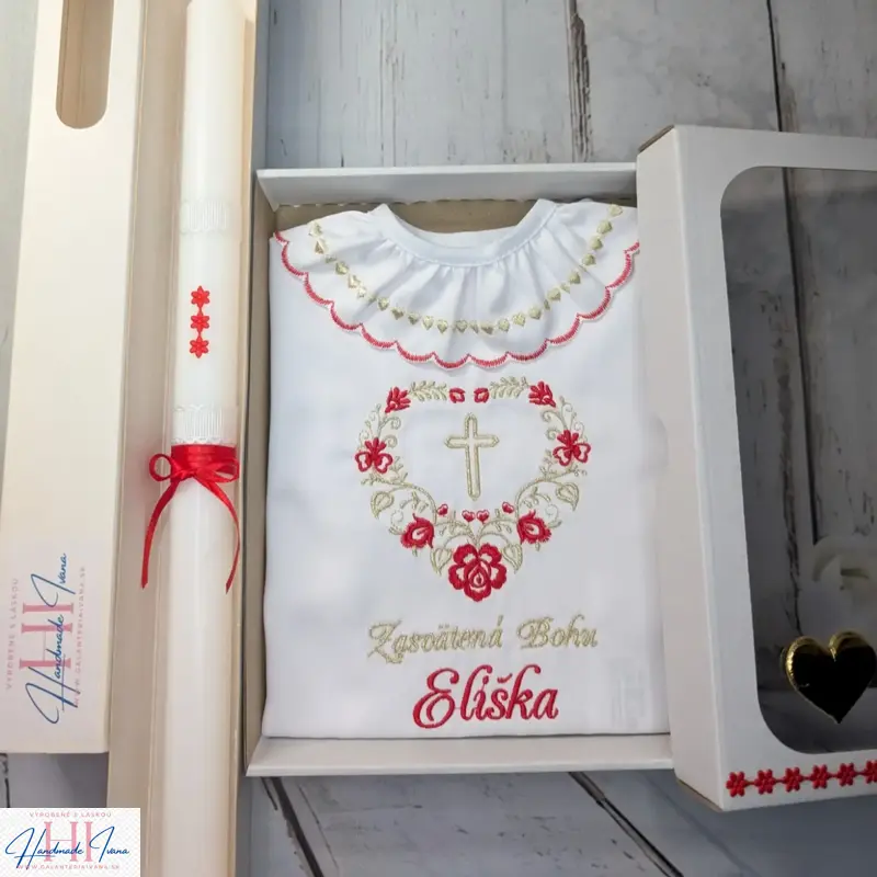 Košieľka na krst červená zlatá a sviečka na krst červené kvietky