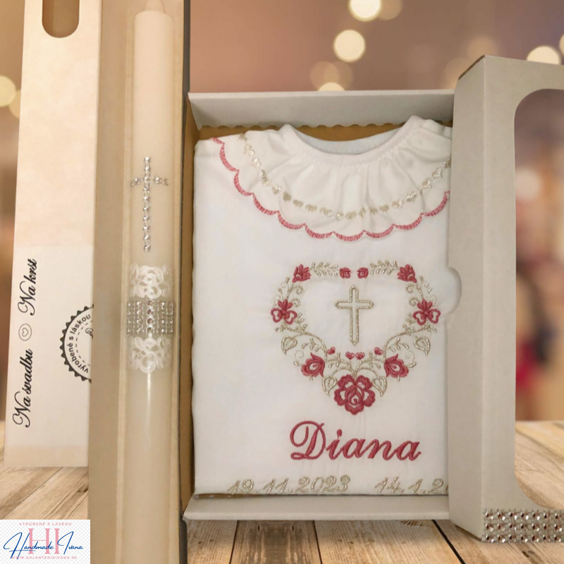 Košieľka na krst k05 staroružová strieborná + Sviečka na krst strieborný krížik so striebornou