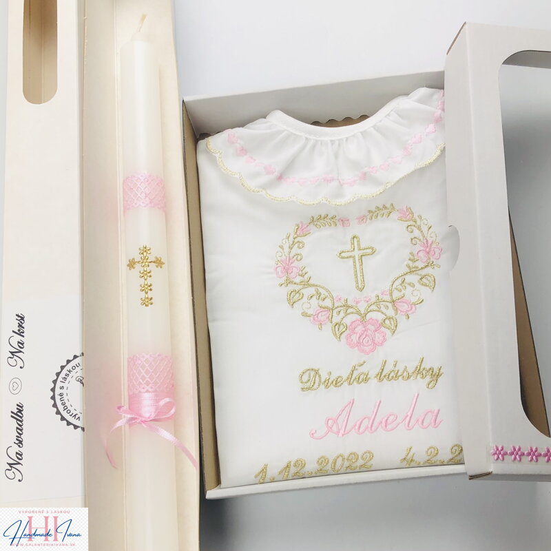 Košieľka na krst k05 ružová zlatá + Sviečka na krst zlatý krížik s ružovou