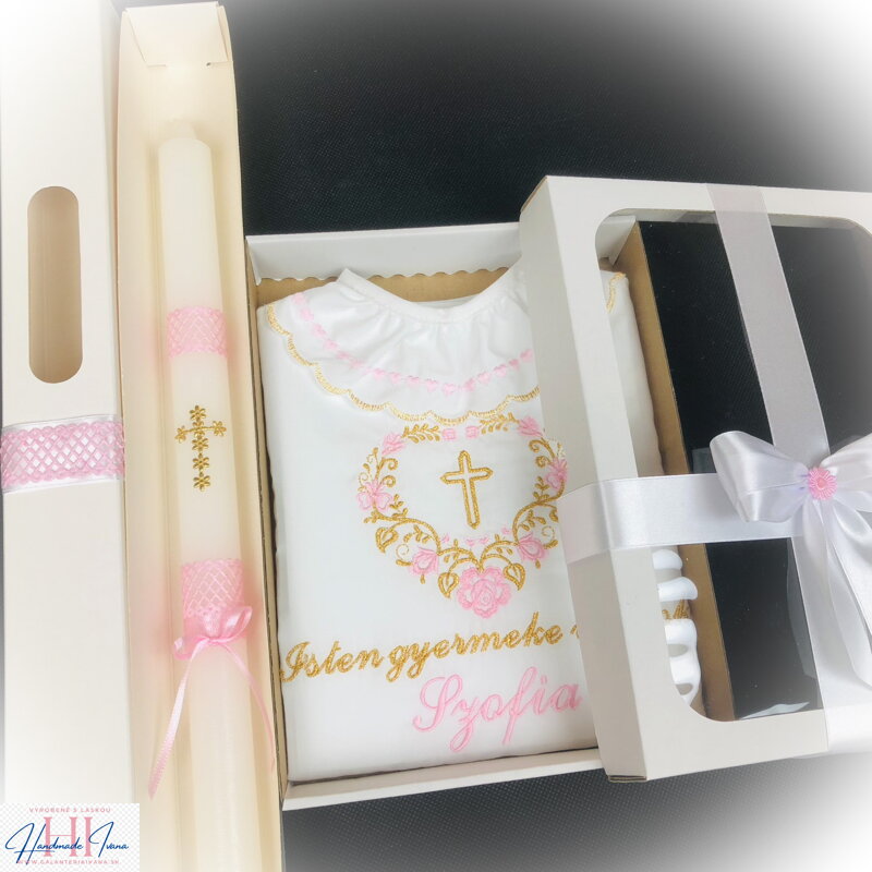 Košieľka na krst k05 ružová zlatá + Sviečka na krst zlatý krížik s ružovou