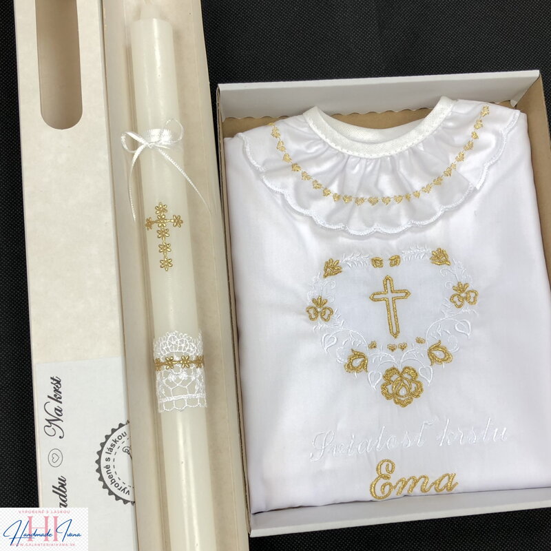 Košieľka na krst k05 biela zlatá + Sviečka na krst zlatý krížik