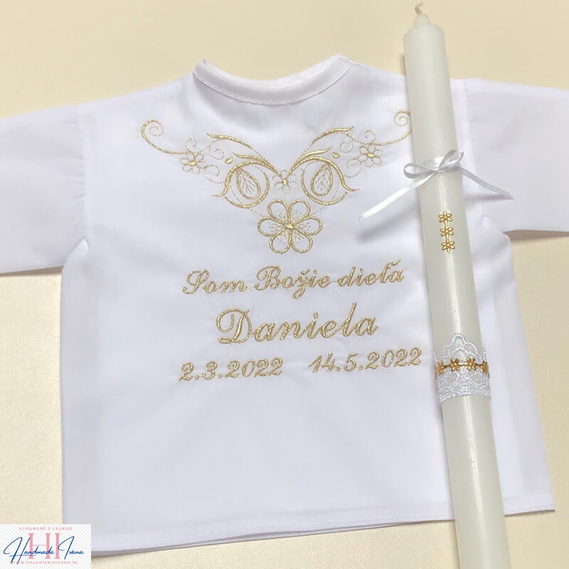 K07 - Košieľka na krst zlatá + Sviečka na krst zlaté kvietky