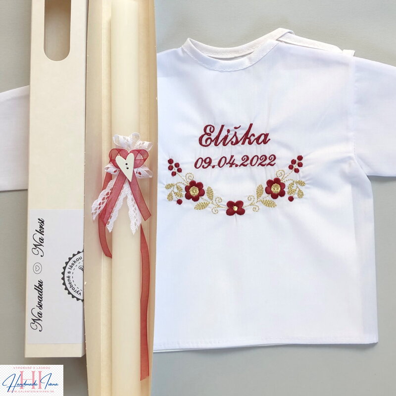 Košieľka na krst k09 bordová so zlatou - sviečka na krst bordová mašlička