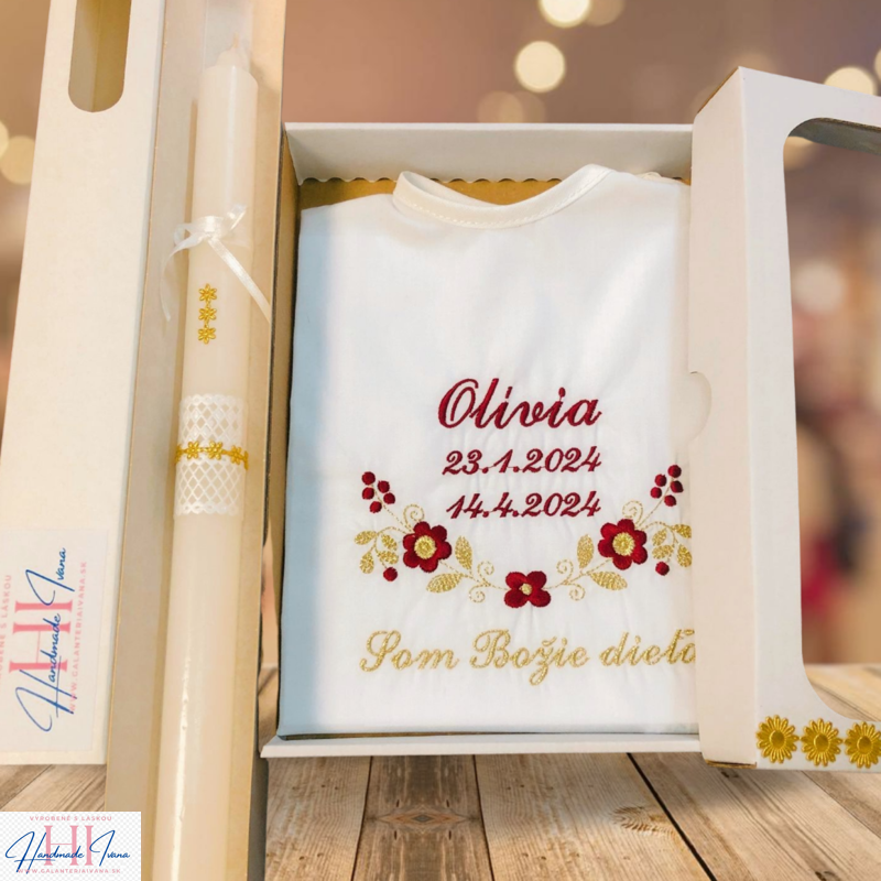 Košieľka na krst k09 bordová so zlatou - sviečka na krst zlaté kvietky