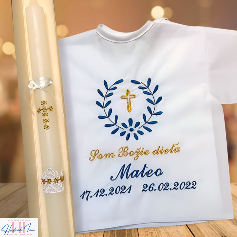 K10 - Košieľka na krst tmavomodrá so sýto zlatou + Sviečka na krst zlatý krížik