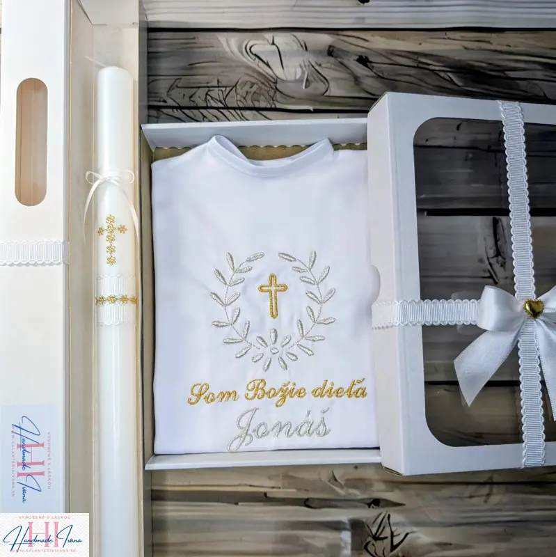 Sada na krst strieborná zlatá s bielou stuhou 