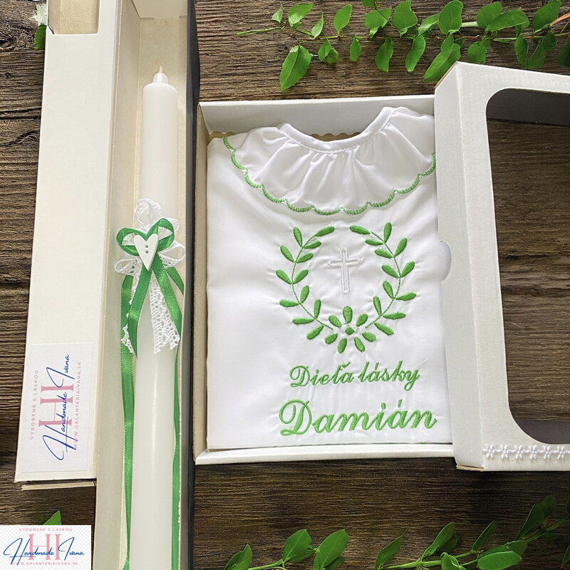 Krstová košieľka k10 zelená + sviečka na krst zelené zdobenie