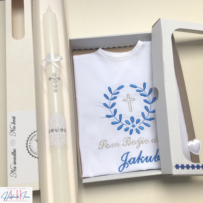 Košieľka na krst k10 modrá strieborná + Sviečka na krst strieborný krížik