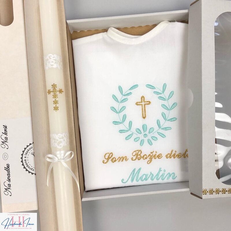 Košieľka na krst k10 mentolová zlatá + Sviečka na krst zlatý krížik s bielou