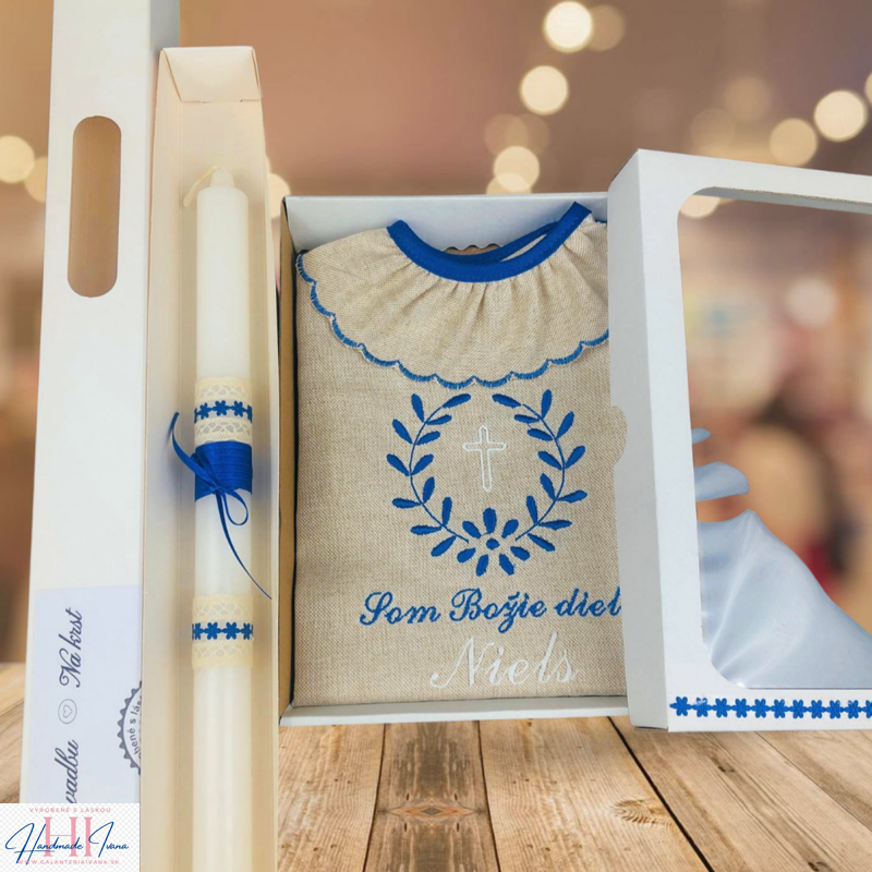 Košieľka na krst k10 ľanová modrá + Sviečka na krst v modrom