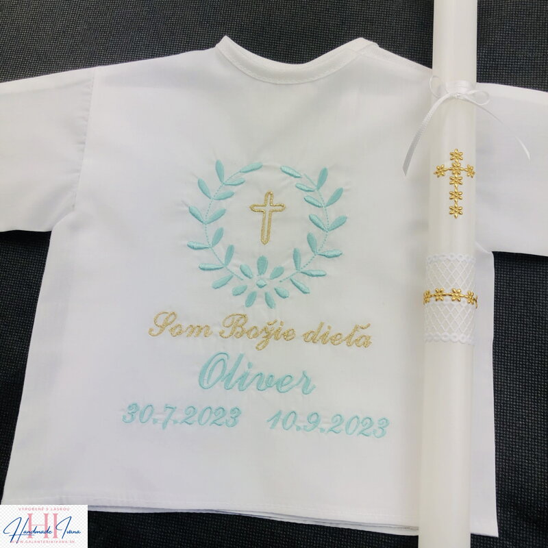 Košieľka na krst k10 mentolová, Sviečka na krst zlatý krížik