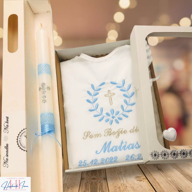 Košieľka na krst k10 modrá strieborná + Sviečka na krst strieborný krížik s modrou