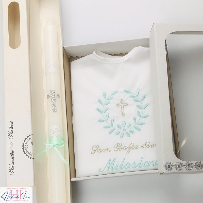 Košieľka na krst k10 mentolová strieborná + Sviečka na krst strieborný krížik s mentolovou