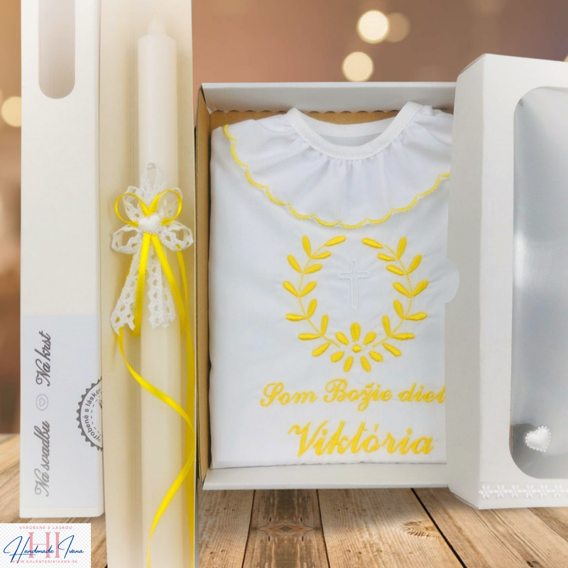 Košieľka na krst k10 žltá a sviečka na krst žltá mašlička