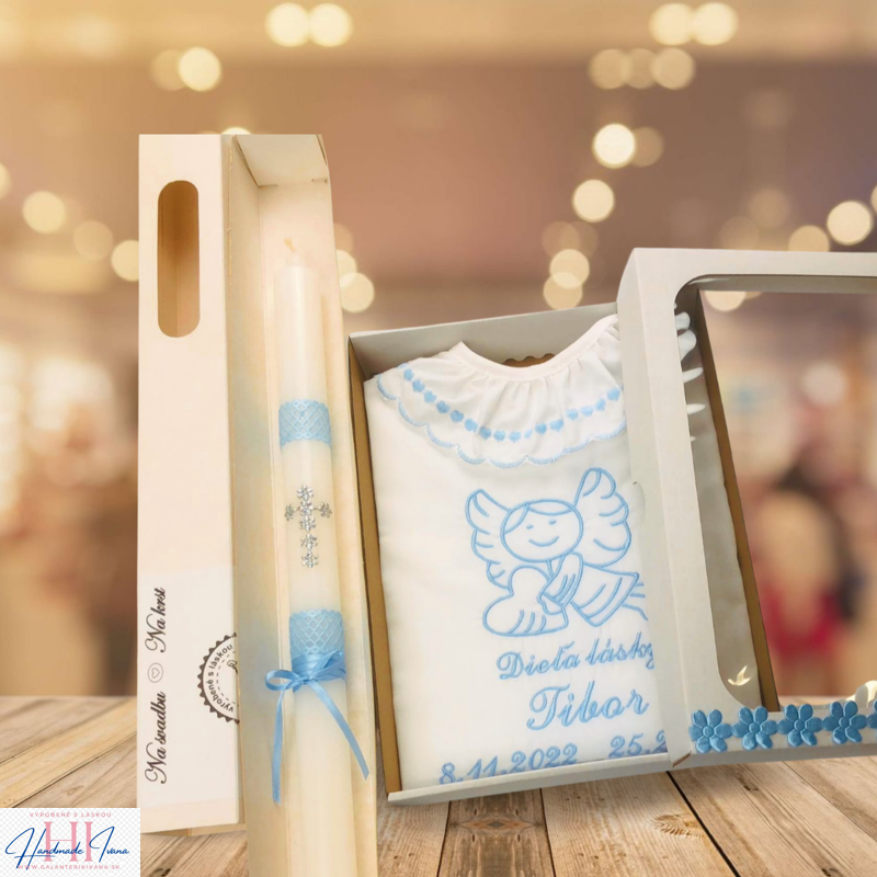 Košieľka na krst k11 modrá + Sviečka na krst strieborný krížik s modrou