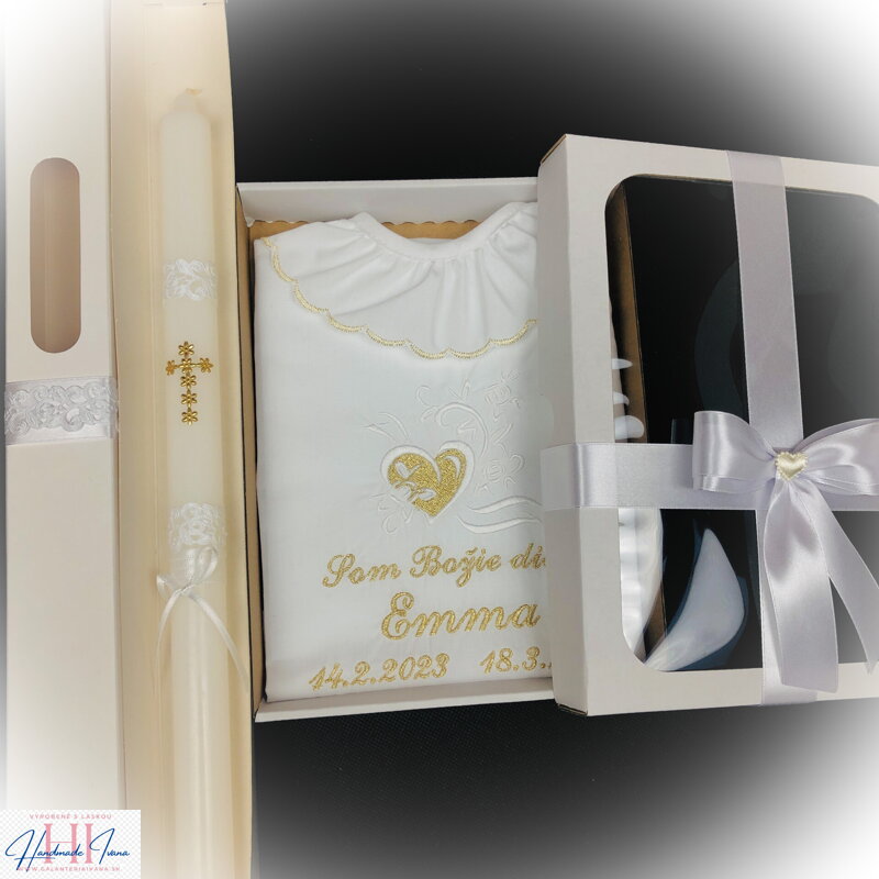 Košieľka na krst k12 biela zlatá + Sviečka na krst zlatý krížik + zdobená krabička