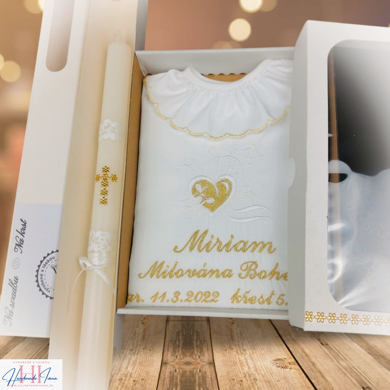 Košieľka na krst k12 zlatá + Sviečka na krst zlatý krížik s bielou