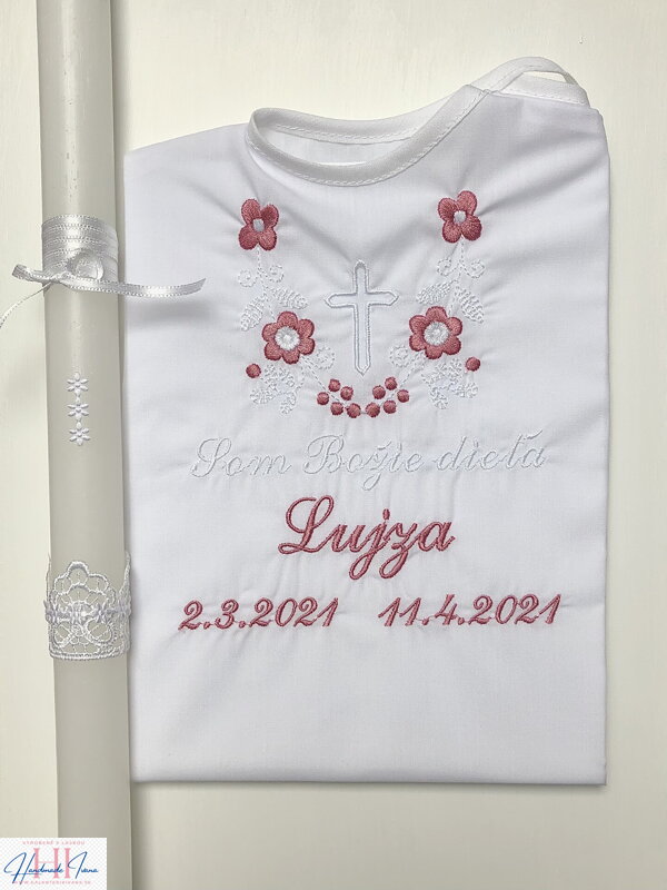 K14 - Košieľka na krst  ružovo-biela + Sviečka na krst biele kvietky