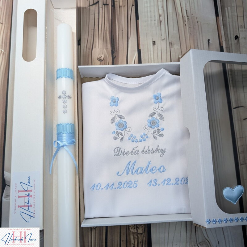 Košieľka na krst k14 modrá šedá + Sviečka na krst s krížikom