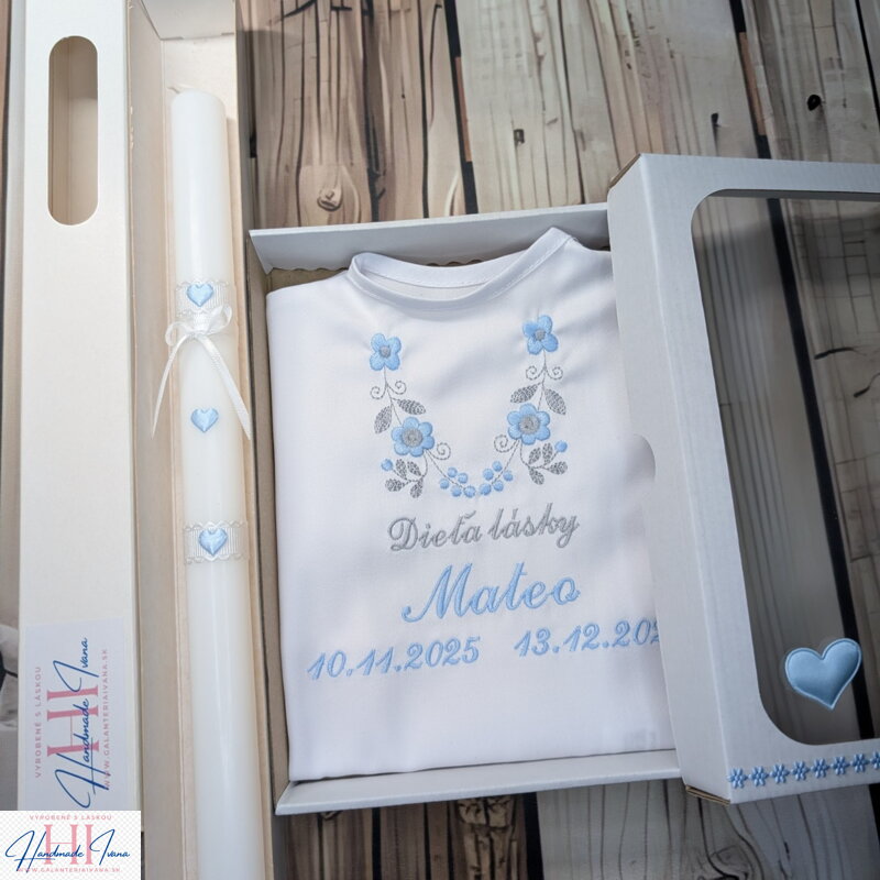 Košieľka na krst k14 modrá šedá + Sviečka na krst so srdiečkami