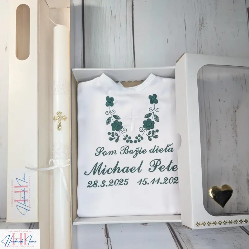 Sada na krst tmavá zelená kvietky a krížik