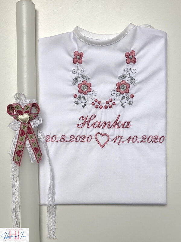 Košieľka na krst k14 ružovo-šedá + Sviečka na krst ružové srdiečka