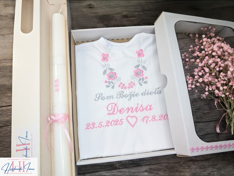 Košieľka na krst k14 ružová šedá + sviečka na krst ružové kvietky