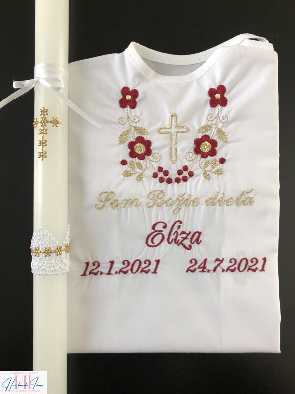 K14 - košieľka na krst bordovo-zlatá s krížikom + Sviečka na krst zlatý krížik