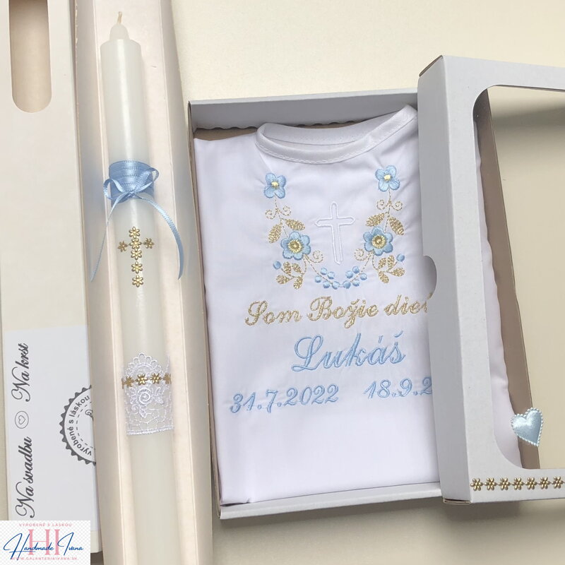 Košieľka na krst k14 modrá zlatá + Sviečka na krst zlatý krížik s modrou