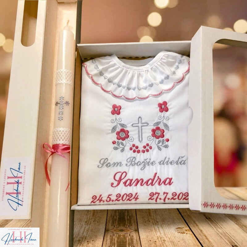 Košieľka na krst k14 staroružová šedá + Sviečka na krst so šedým krížikom