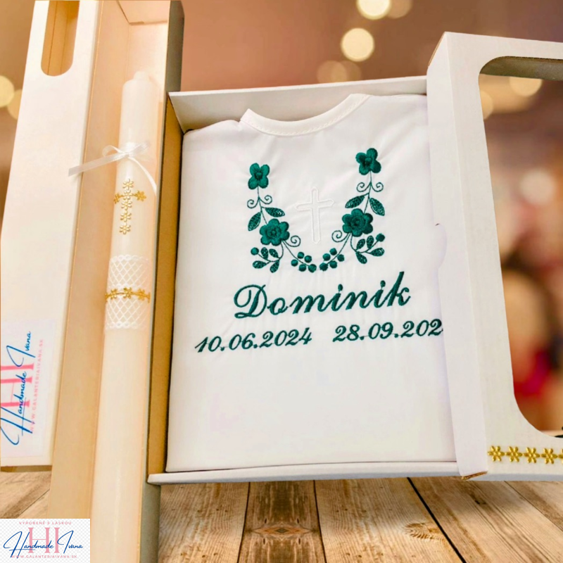 Košieľka na krst k14 tmavá zelená + Sviečka na krst zlatý krížik