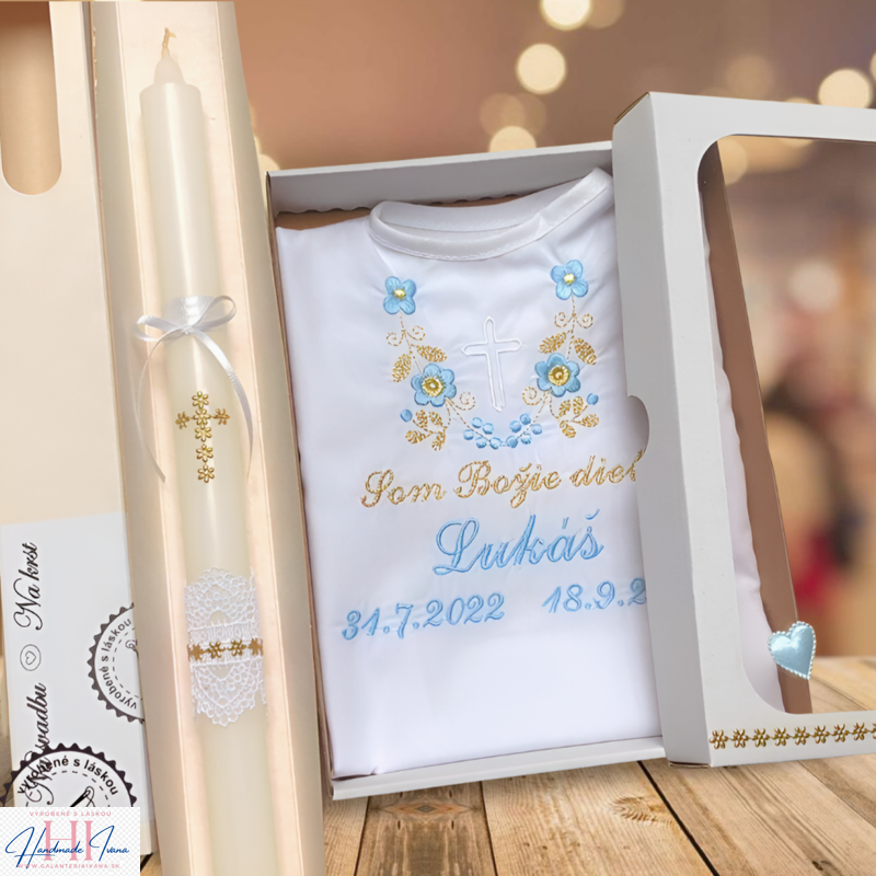 Košieľka na krst k14 modrá zlatá + Sviečka na krst zlatý krížik s bielou