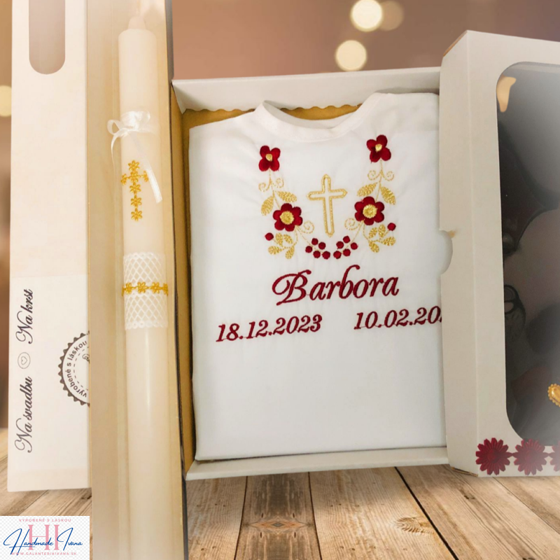 Košieľka na krst k14 bordová zlatá + sviečka na krst zlatý krížik