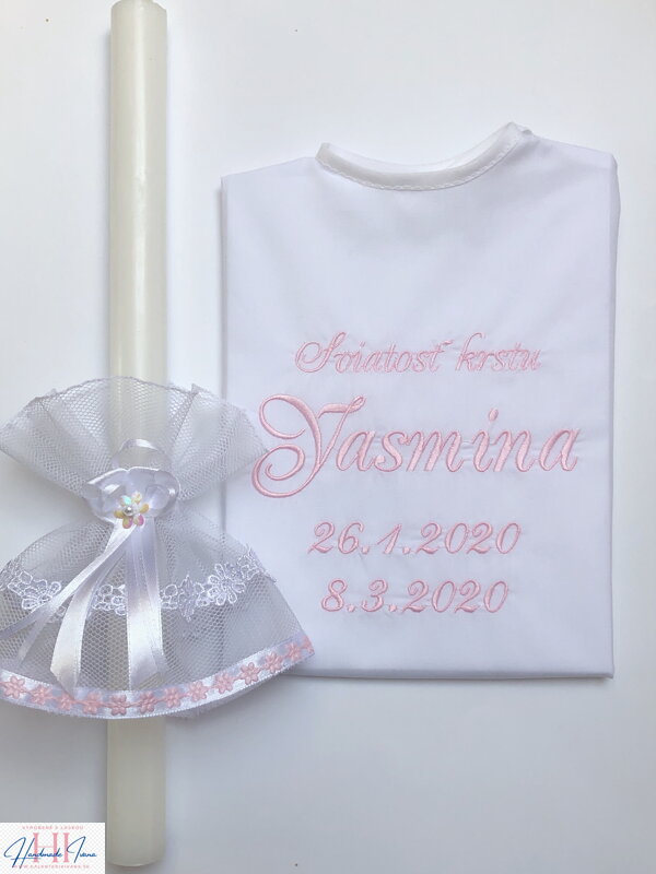 Košieľka na krst k18 ružová + Sviečka na krst so sukničkou