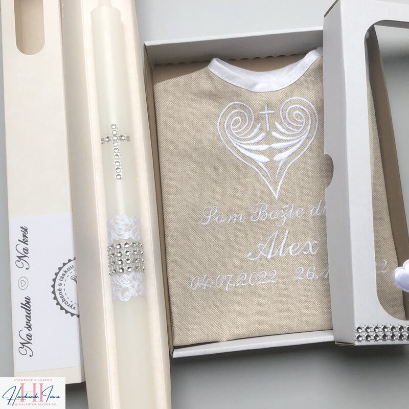 Košieľka na krst k19 ľanová biela + Sviečka na krst strieborná