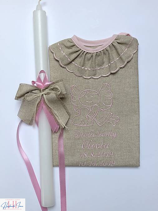 Košieľka na krst k21 ľanová s ružovou výšivkou + sviečka na krst s ľanovou a ružovou mašličkou