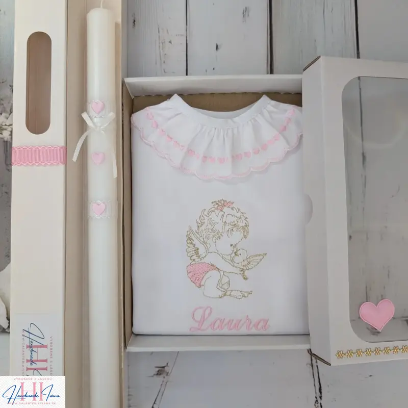 Sada na krst ružovo zlatý anjelik a ružové srdiečka 