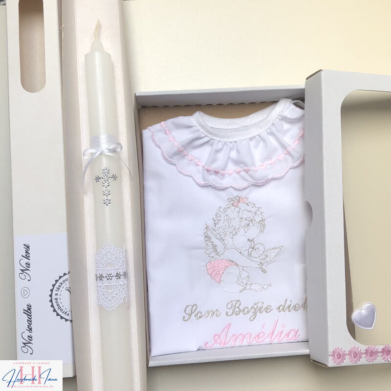 K34 - košieľka na krst ružová strieborná a sviečka na krst strieborný krížik