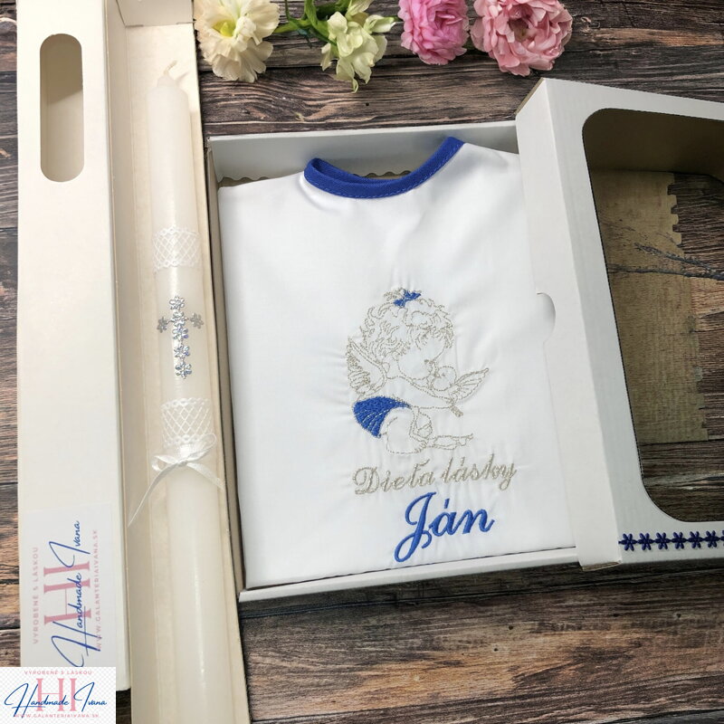 Košieľka na krst k34 tmavomodrá strieborná bez golierika + Sviečka na krst strieborný krížik