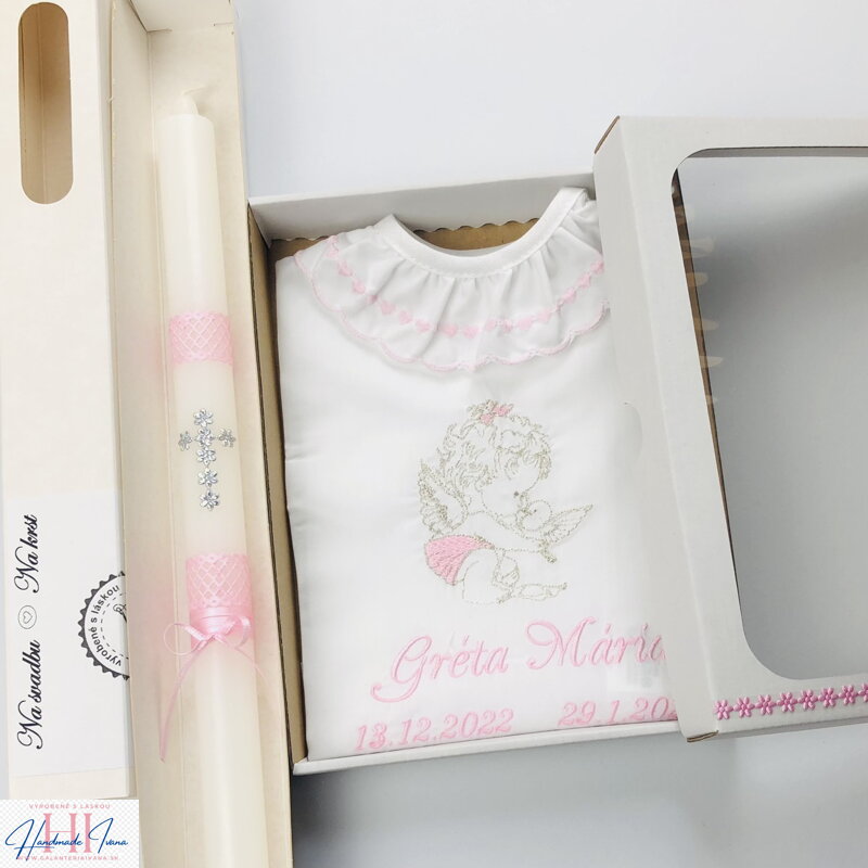 Košieľka na krst k34 ružová strieborná + Sviečka na krst strieborný krížik s ružovou