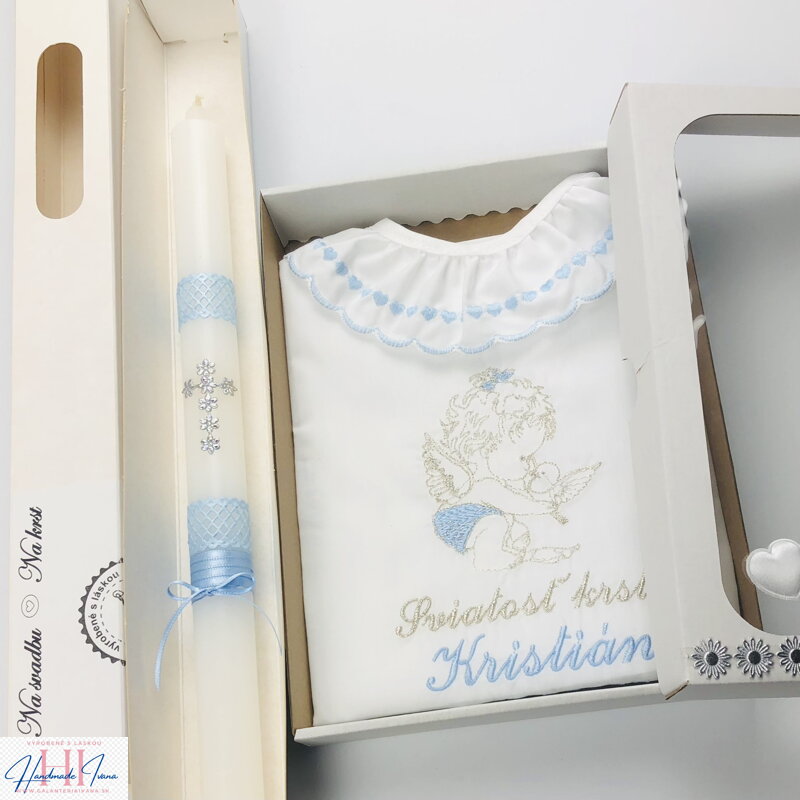 Košieľka na krst k34 modrá strieborná + Sviečka na krst strieborný krížik s modrou