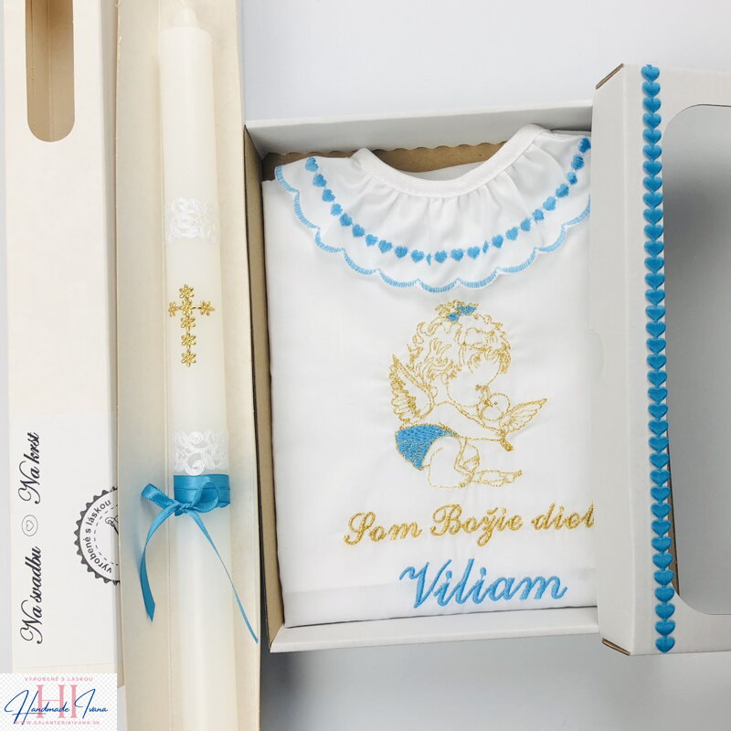 Košieľka na krst k34 iná modrá zlatá + Sviečka na krst zlatý krížik s inou modrou
