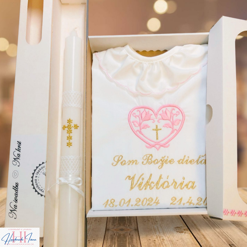 Košieľka na krst k42 ružová zlatá + Sviečka na krst zlatý krížik