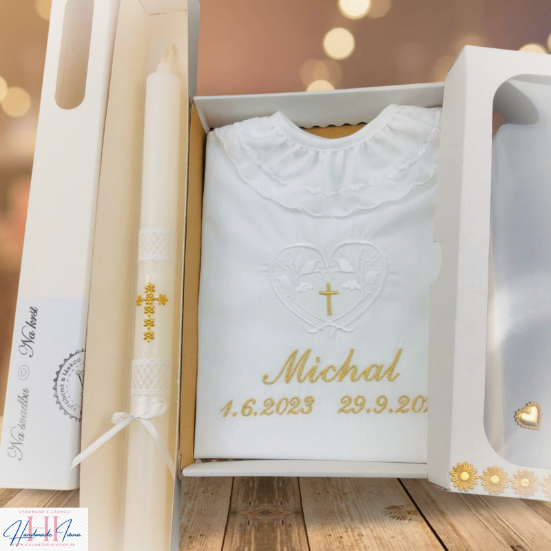 Košieľka na krst k42 biela zlatá + Sviečka na krst zlatý krížik