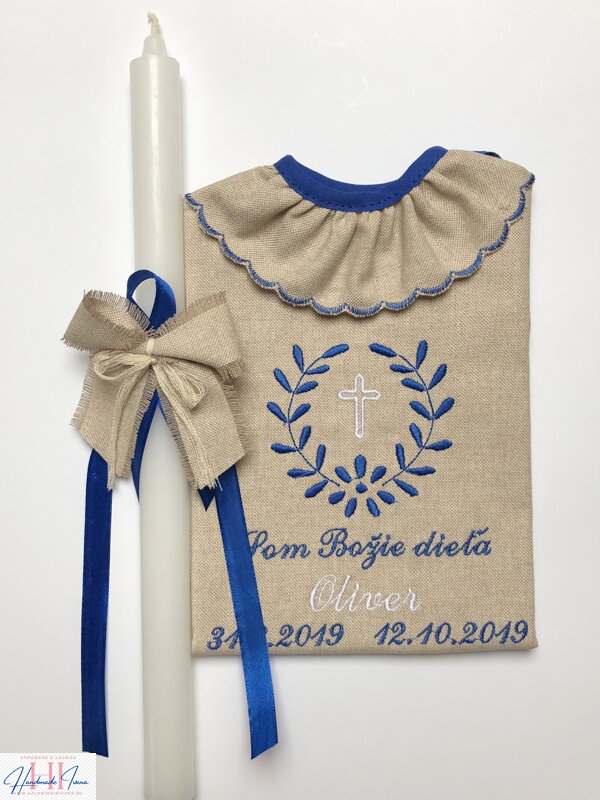 K10 - košieľka na krst ľanová + Sviečka na krst s ľanovou mašličkou