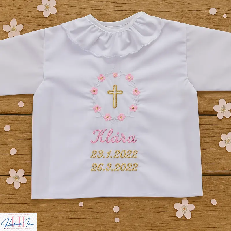 Vyšívaná krstová košieľka ružová so zlatou