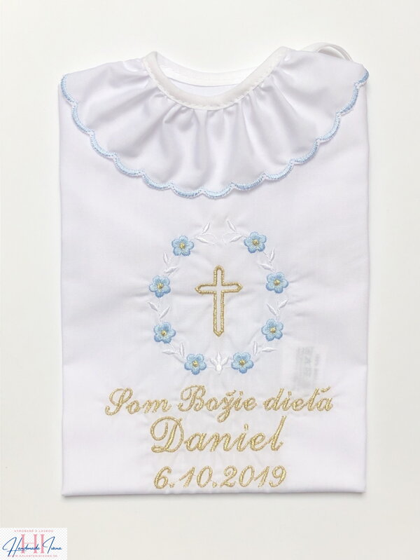 Krstová košieľka modré kvietky zlatý krížik